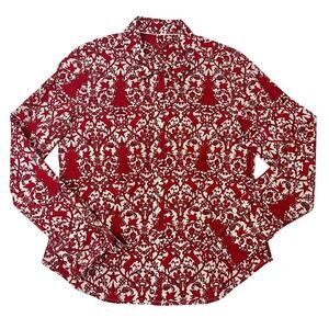 Talbots Red Christmas Reindeer Button Down sz 8Petite Holiday Preppy Classic